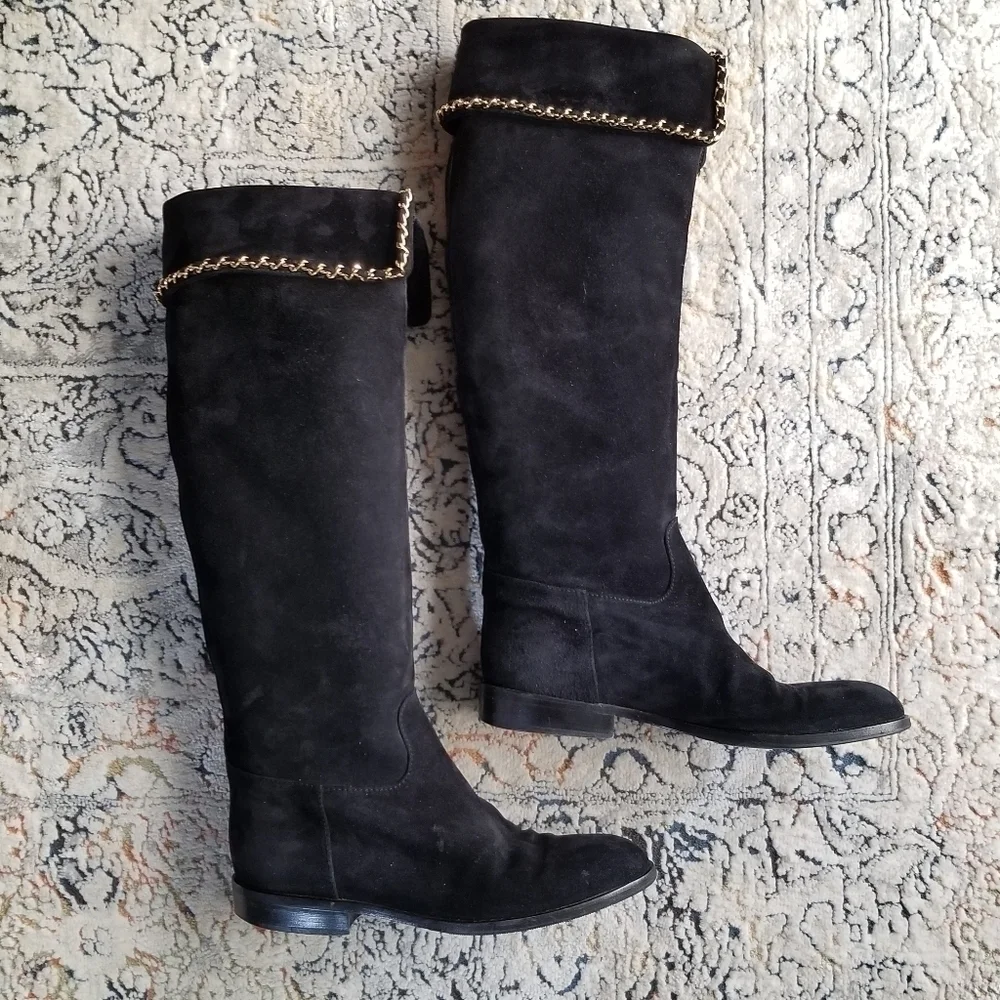 CHANEL Vintage Black Suede Leather & Signature Chain Tall Riding Boots 35